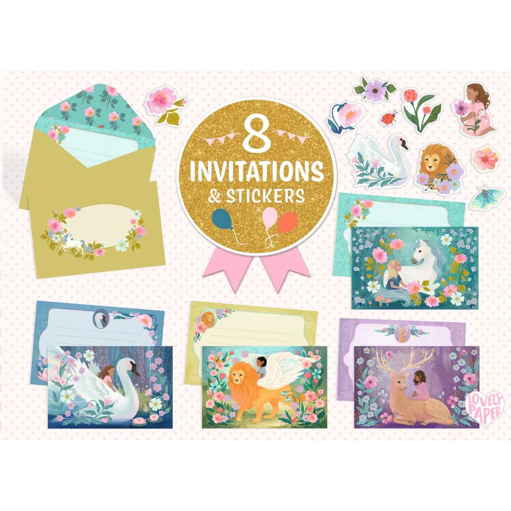 8 Fantasy Creatures Kids Party Invitations & Stickers